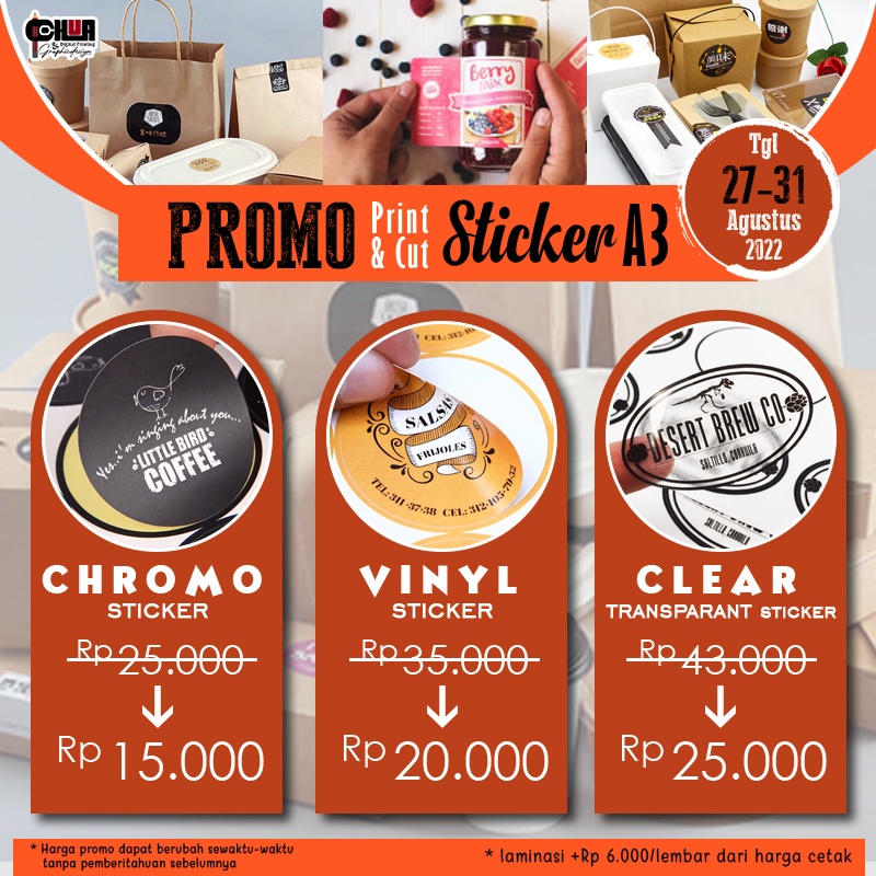 

PROMO STIKER print and cut A3 - PROMO 3 hari (Vinyl, Chromo, Transparan)