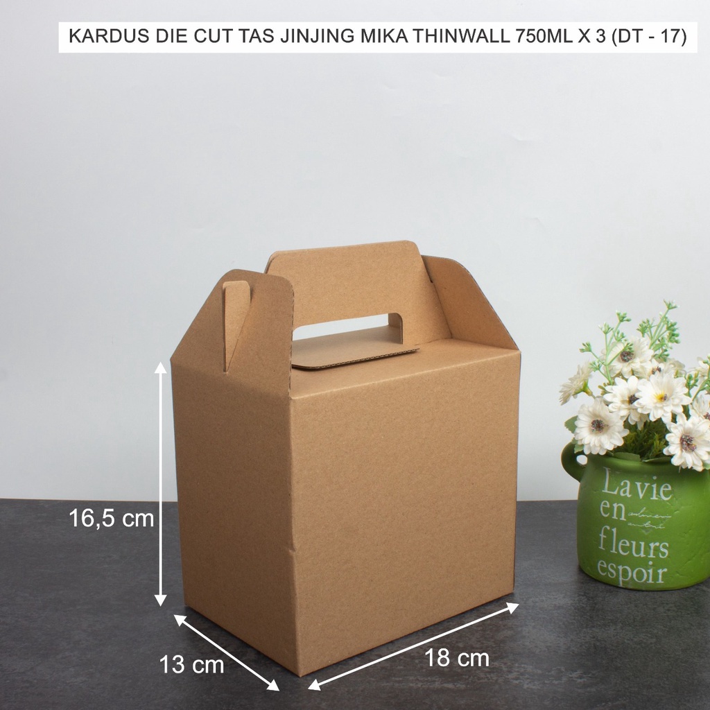 

DT-17 Kardus Die Cut Tas Jinjing Isi 3 Mika Thinwall 750 ML Isi 10 Pcs Amaris Packaging