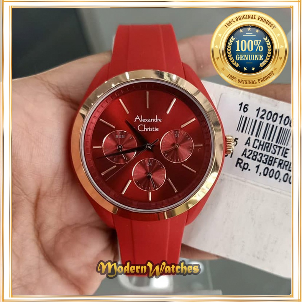 Jam Tangan Wanita Terlaris Ori Alexandre Christie AC 2833 Merah Red Rosegold Chrono Karet Rubber