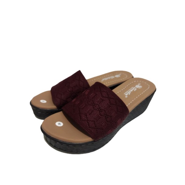 sandal wanita wedges slop turki rajut kotak merek saila hak 5cm