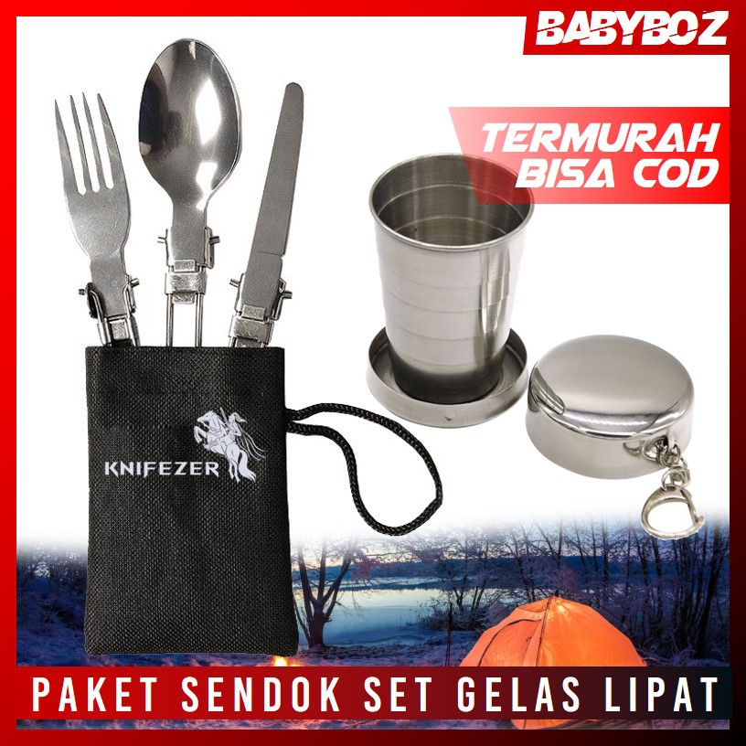 (MAINANKYU) PAKET KNIFEZER Sendok garpu pisau lipat GELAS SET portable stainless steel CAMPING OUTDOOR TRAVEL