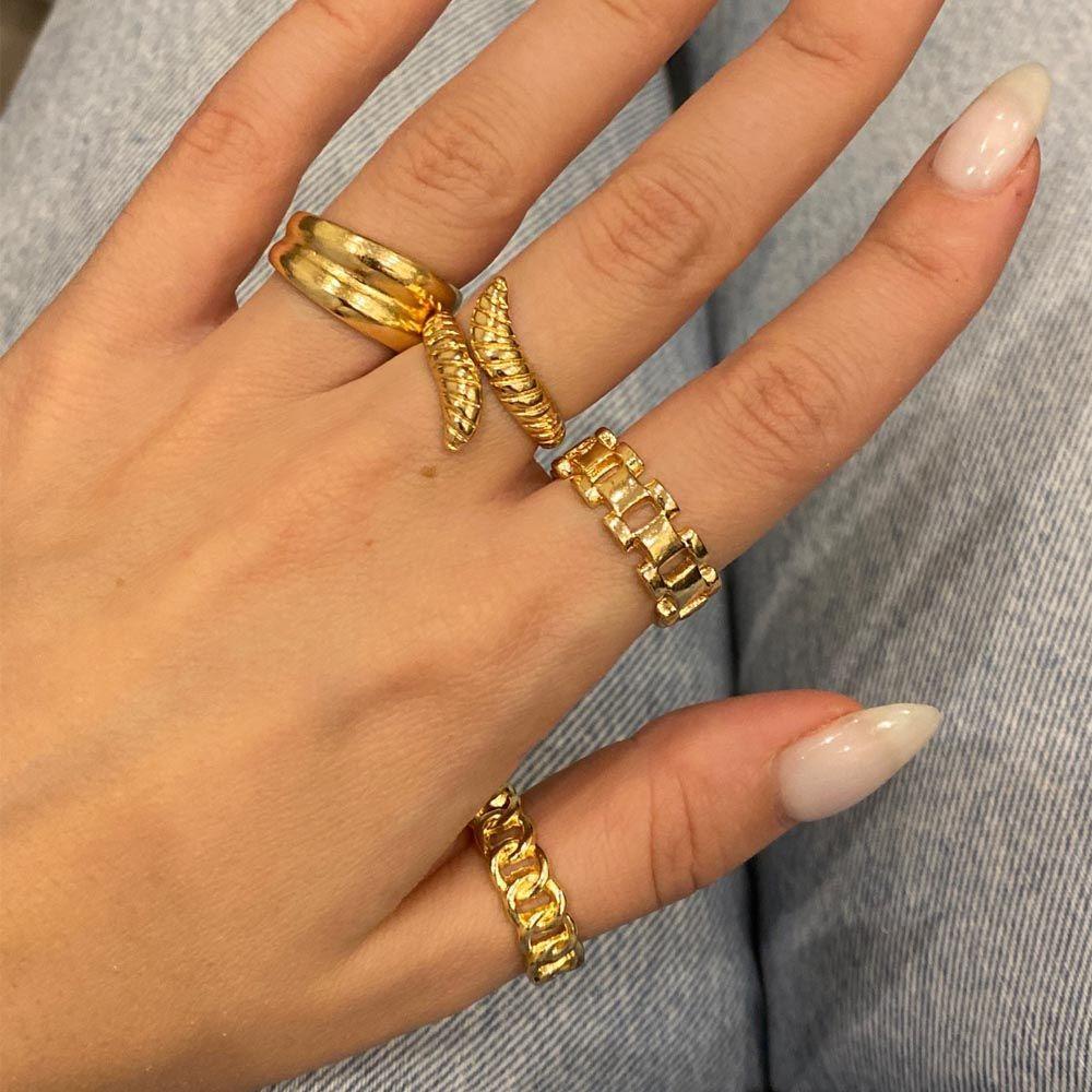 Agustina Wanita Pembukaan Cincin 4Pcs/set Punk Irregular Geometris Kepribadian Temperamen Rantai