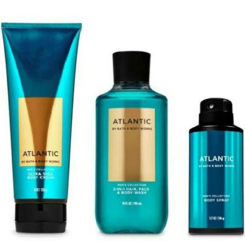 BATH AND BODY WORKS BBW ATLANTIC MENS COLLECTION SERIES BODY CREAM 226 G &amp; 70 G 2IN1 3IN1 HAIR , FACE &amp; BODY WASH 295 ML &amp; 88 ML DEODORIZING BODY SPRAY 104 G MINI COLOGNE 100 G &amp; 15 ML SHAVE GEL 191 G ROOMSPRAY 42,5 G POCKETBAC HANDCREAM 29 ML