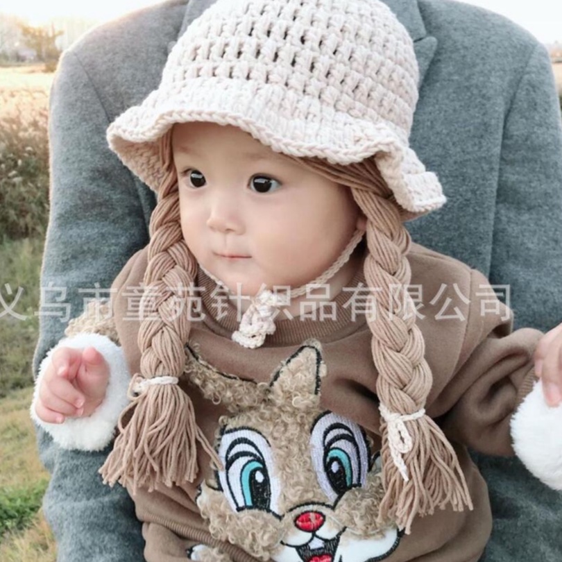 Topi Rajut Anak Perempuan Rambut Kepang Palsu Bayi Perempuan Import Korea Baby Hat Model Tali Kepang