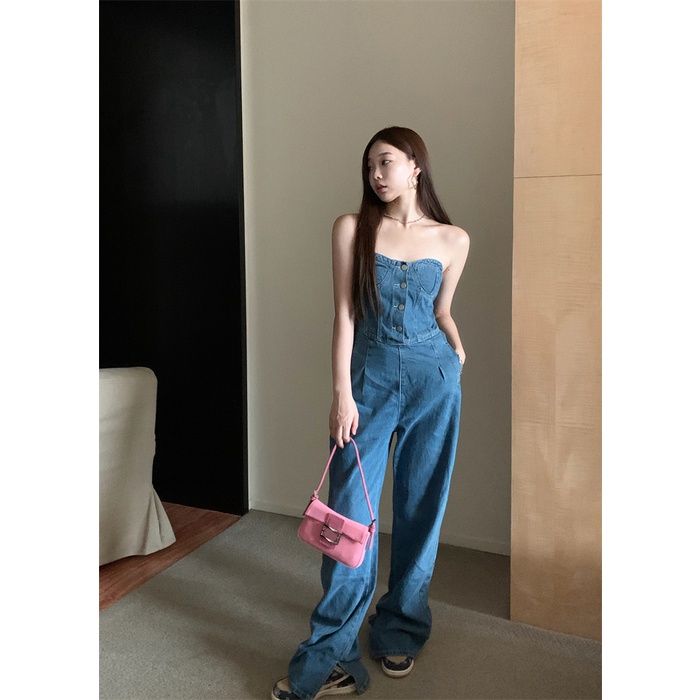 Gaya Korea Jeans Retro Lurus One Piece Jeans Wanita Musim Panas Tipis Gadis Panas Pinggang Tinggi Se