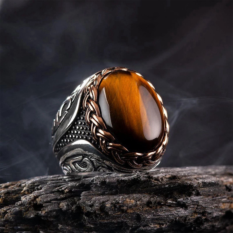 Fancyqube Cincin Ukir Spiral Batu Mata Macan Coklat Handmade Gaya Turki Vintage Untuk Pria Dan Wanita