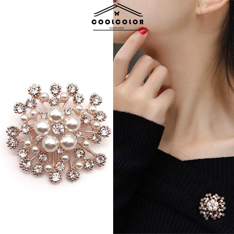 COD❤️ Bros Mutiara Kepingan Salju Pin Bunga Berlian Imitasi Fashion Wanita Pakaian Pin Aksesoris Wanita Fashion Mewah Korea