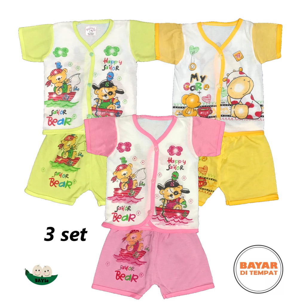 BAYIe - 3 SET Setelan Baju Bayi Lengan Pendek+Celana Pendek  MELODY  New Born umur 0-3 bulan