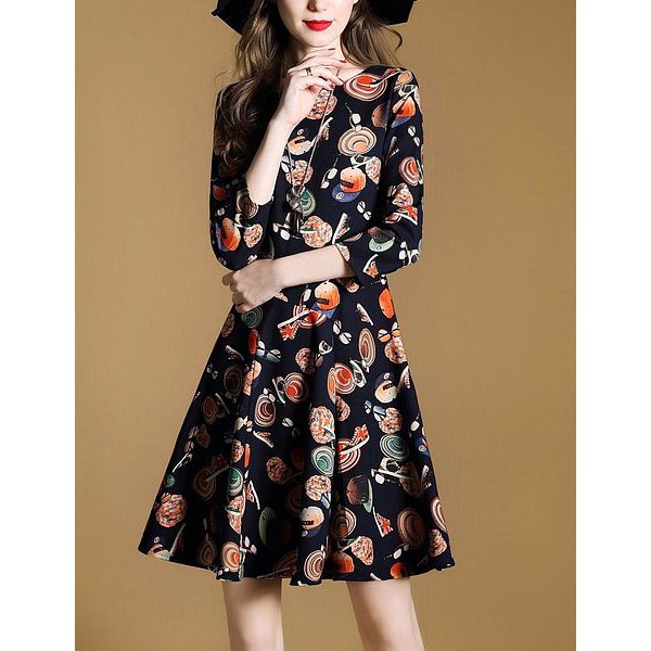 Party Dress Import Korea Warna Hitam Motif Bunga Bahan Viscose 33042