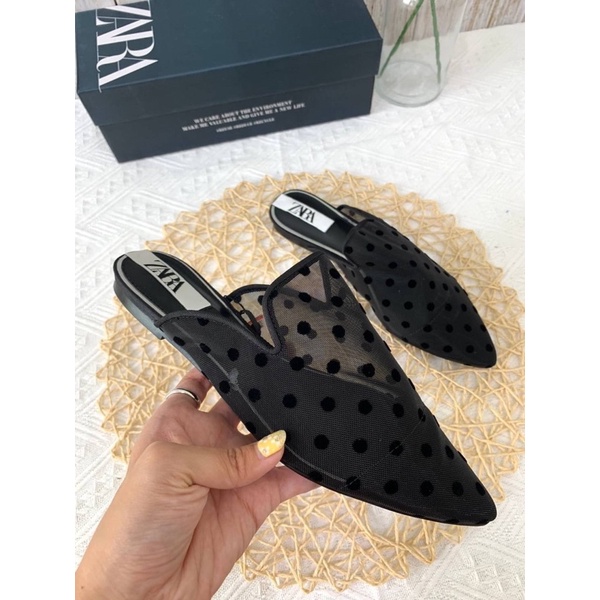 Sepatu Sendal Teplek Slip On Polkadot Transparan Jaring Wanita ZR Polka Dots Mesh Mules Shoes Sandal