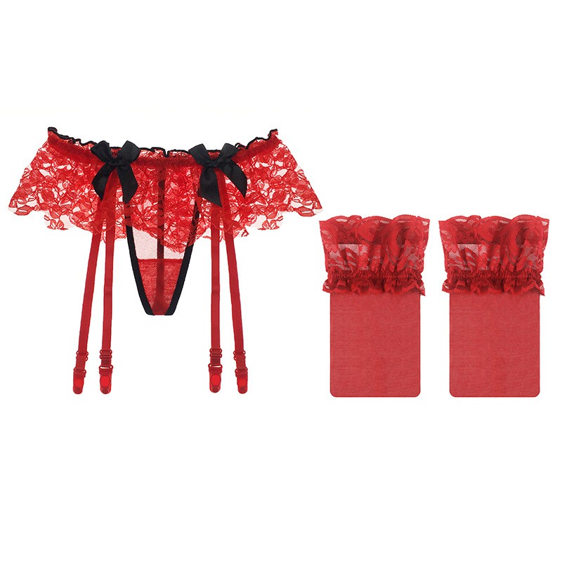 Set  Lingerie Murah Wanita G-String + Sabuk Garter+Stocking Sexy T01