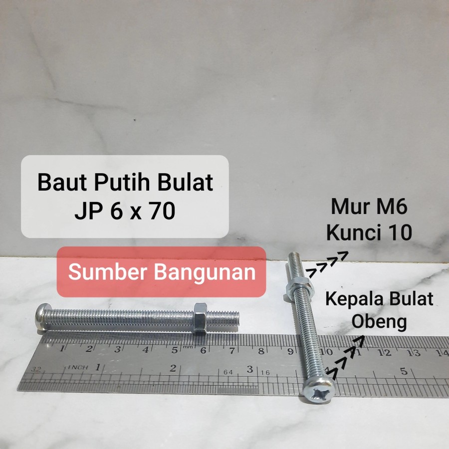 Baut Putih JP 6 x 70 kunci 10 panjang 7cm mur M6 7 cm kepala Bulat 6mm