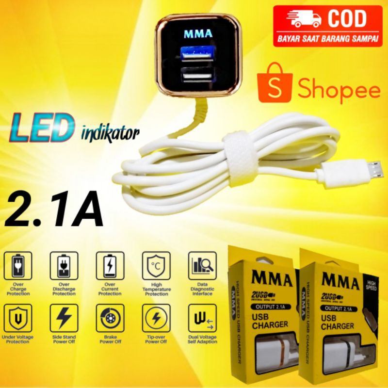 Charger handphone LED 2.1A MMA CHARGER MICRO USB 2usb high quality casan hp