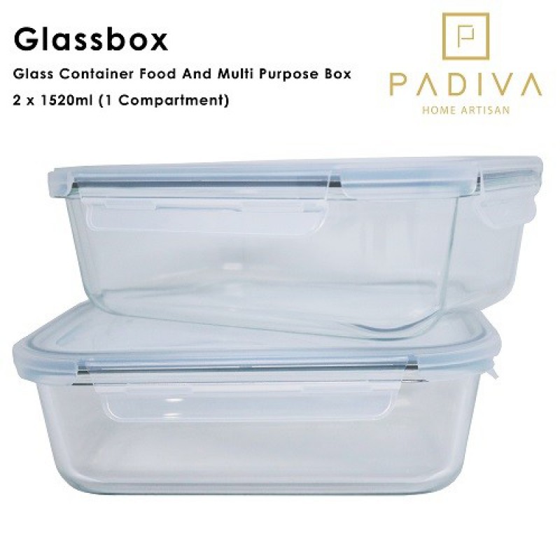 Padiva Glassbox 1 Compartment Glass Container Tanpa Sekat 2 Pcs - 1520 ml