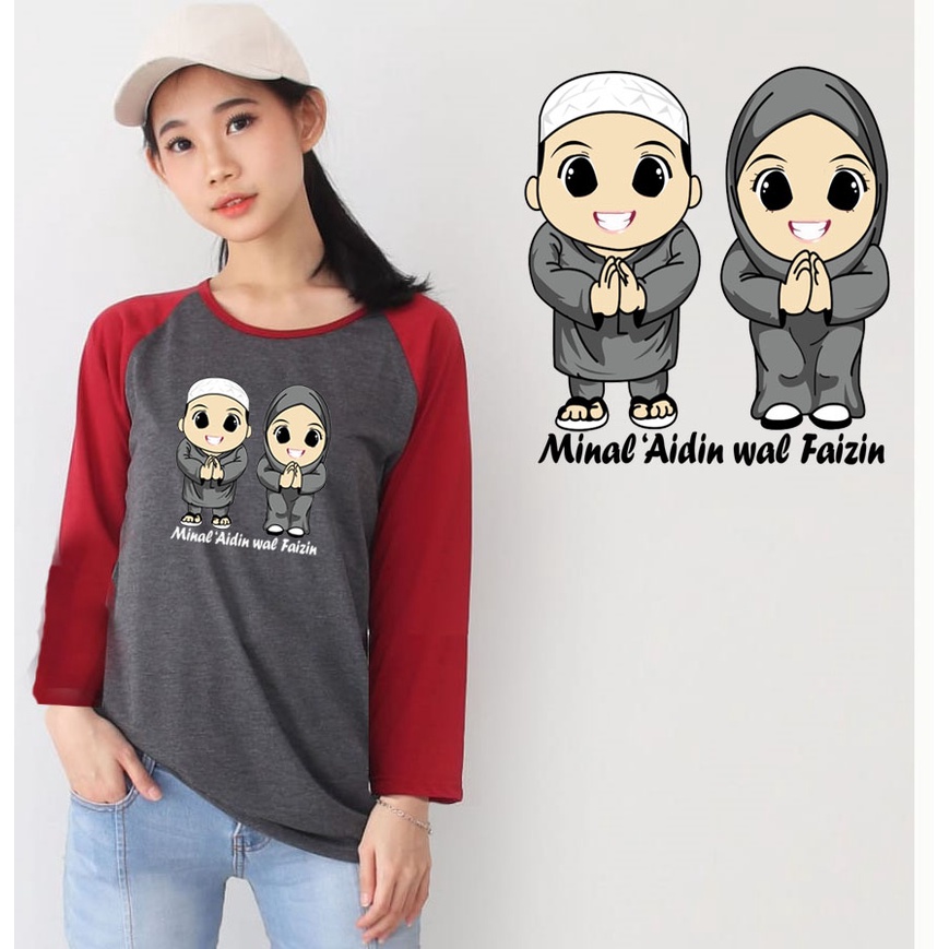 Kaos Raglan Panjang Abu Tua Gambar Animasi Minal Aidin Wal Faizin