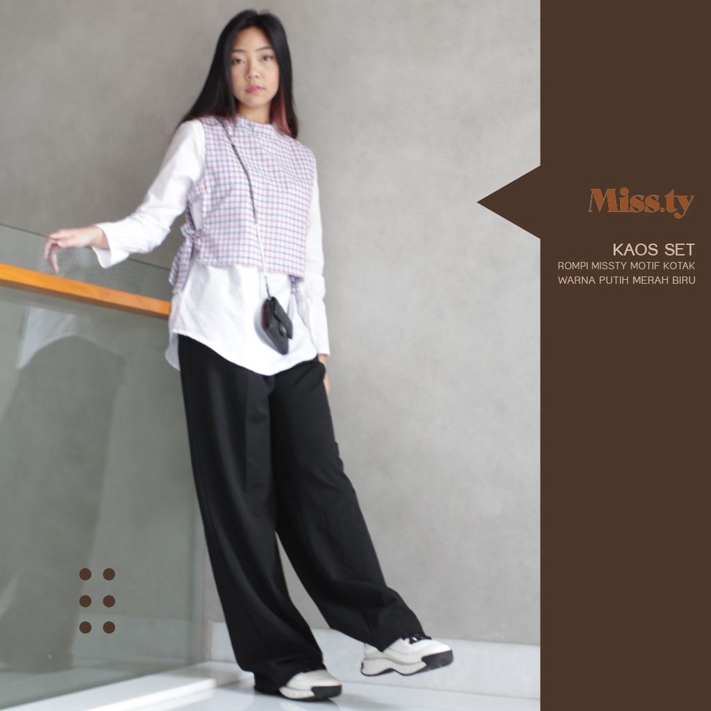 Kaos Set Rompi Missty Motif Kotak Warna Putih Merah Biru (36538)