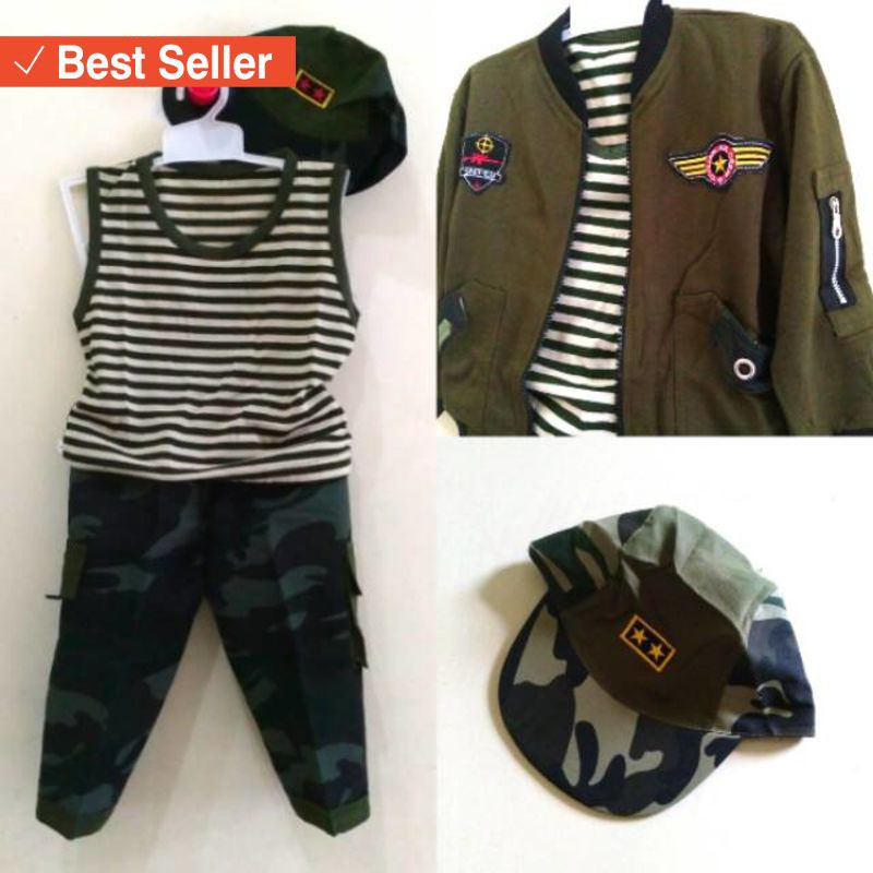 BOMBER PRIA WANITA STYLE MODERN HITS / Setelan Baju Bayi Army tentara dengan Jaket Bomber dan Topi