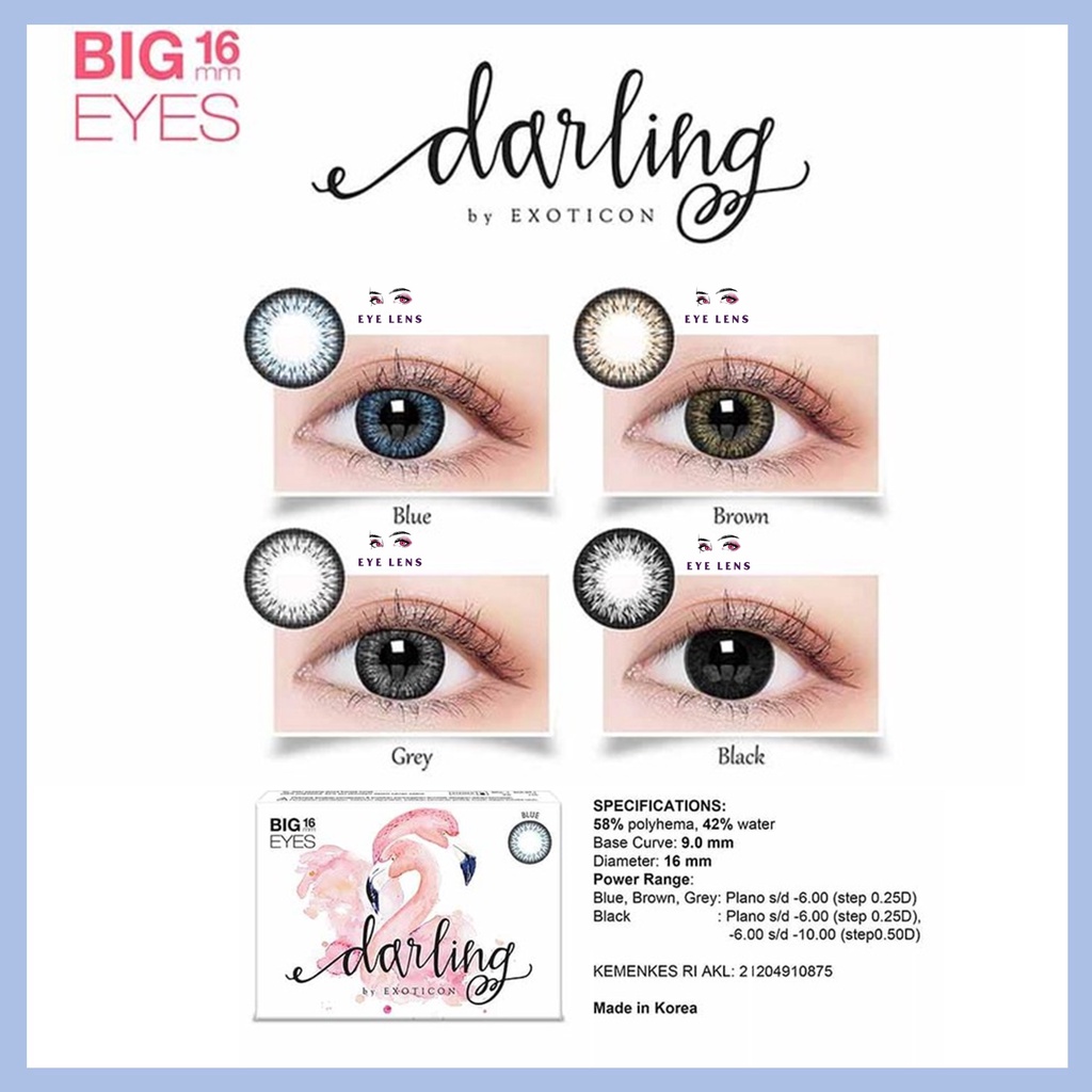 SOFTLENS X2 DARLING NORMAL &amp; MINUS -0.50 sd -3.00 FREE LENSCASE DIA 16MM BIG EYES GREY BROWN BLUE BLACK BY EXOTICON / Softlen Soflen Soflens