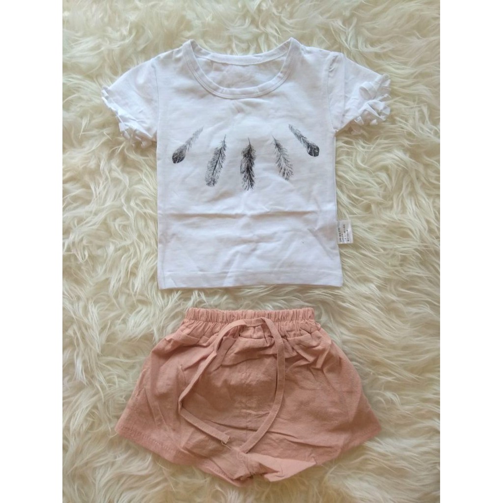 SETELAN BABY WHITE FEATHER TEE PINK PANT SET BA8618