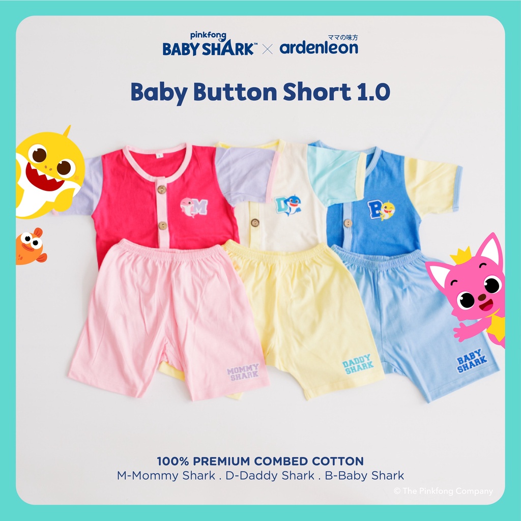 Baju Bayi Setelan Pendek Anak Ardenleon Pinkfong Baby Shark Baby Button Short 0-12 Bulan