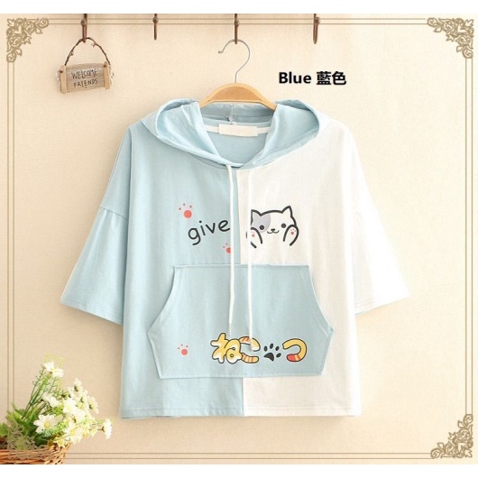 Neko Short Sleeve Hoodie Baju Kucing Cat Kawaii Jepang Korea Animal Lover