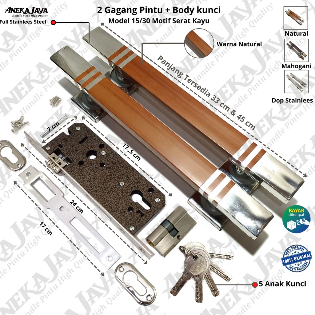 Satu Set kunci 2 Gagang pintu rumah 33 cm &amp; 45 cm / Gagang pintu rumah / Tarikan pintu set stainlees