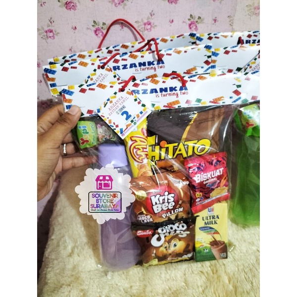 Paket Snack Ulang Tahun / Souvenir Boto Eco 350ml/ Hangtag Snack Ultah / Bingkisan Snack Label / Paket Snack Souvenir Botol