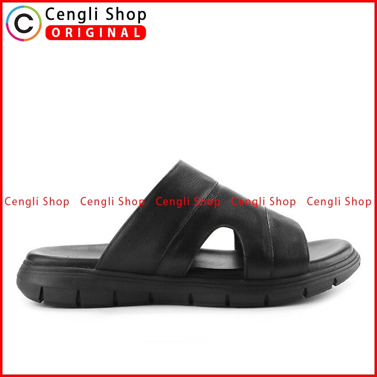 SANDAL KULIT OBERMAIN PRIA ORIGINAL SLIDE CASUAL BRANDED HITAM OM09