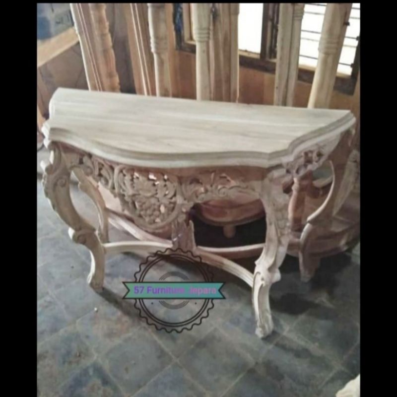 Meja hias jati mentahan - Meja telepon ukir Jepara - Meja tembok antik unik