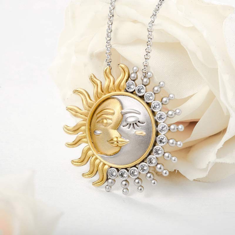 SIY  Two Tone Yellow Gold Solid Reversible Sun Moon Pendant Charm Necklace