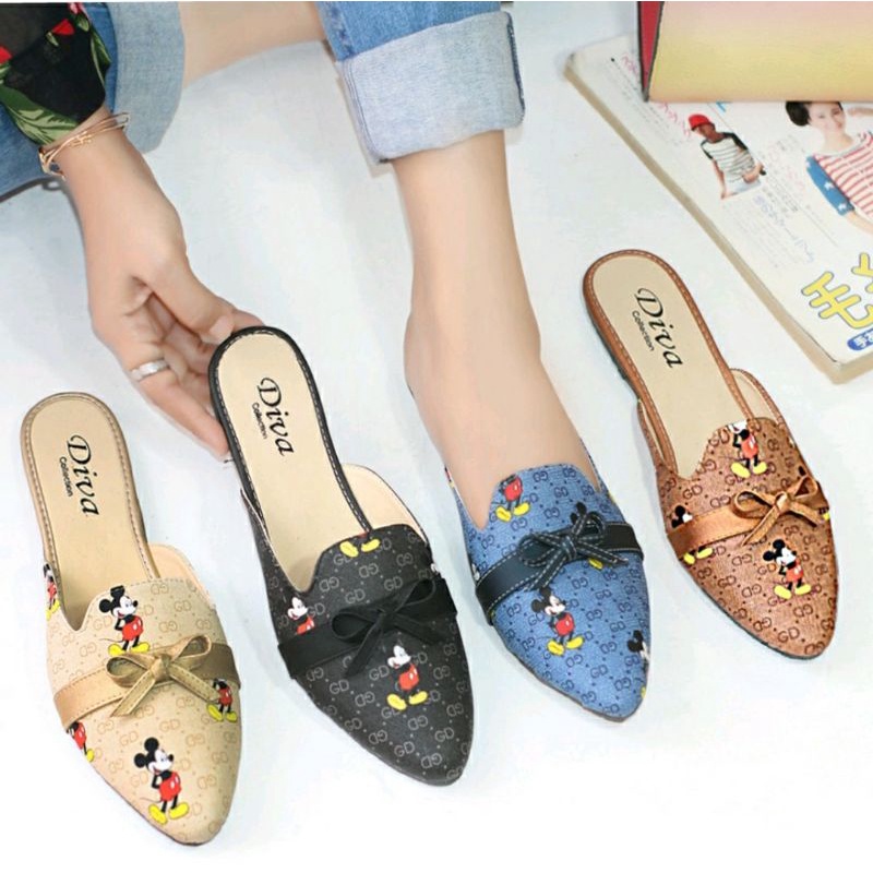 Sepatu Falt Wanita Daltu Mickey Mouse Garis Pita
