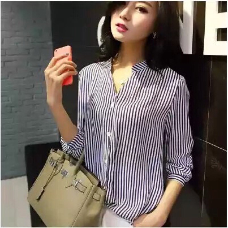 kemeja korea v-neck/ atasan salur wanita / kemeja stripe long / sleeve/ kemeja office