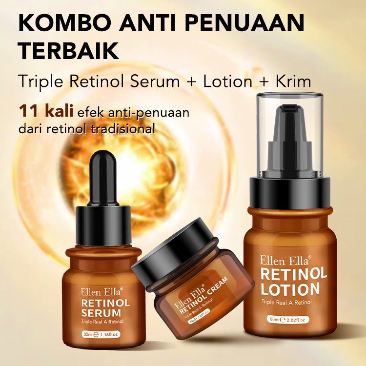 【【Stok tersedia, tiba dalam 3 hari】ELLEN ELLA Trible Retinol Set Krim Wajah Kolagen + Serum Wajah + Masker Niacinamide + lotion retinol + krim vitamin c + serum vit c Anti Penuaan Pemutih Memperbarui Kulit Mengurangi Garis Halus Keriput memajukan retinol