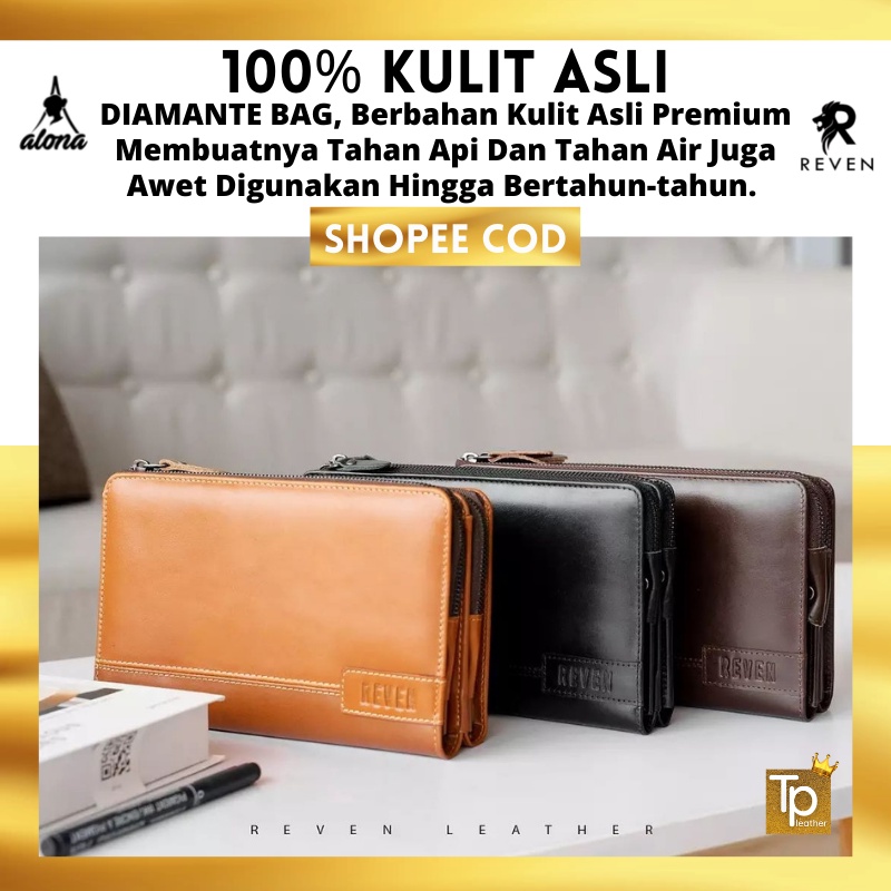 Tas Hand Bag Clutch Tangan 100% Kulit Asli Branded Pria Reven Diamante Original