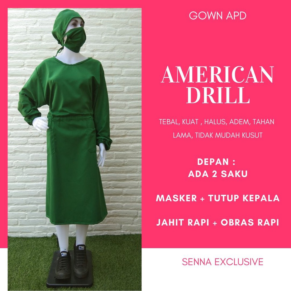 APD Gown Drill Lengkap Head Cap dan Masker Terlaris Drill America Apron Bedah Seragam Perawat Jubah