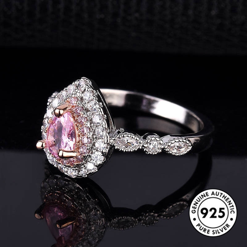 Cincin Sterling Silver 925 Dengan Kristal Model Tetesan Air Warna Pink Untuk Wanita