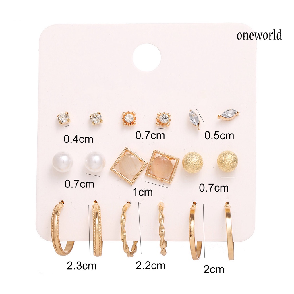 OW# 9 Pairs Women Faux Pearl Shiny Rhinestone Geometrical Ear Stud Earring Jewelry Accessory