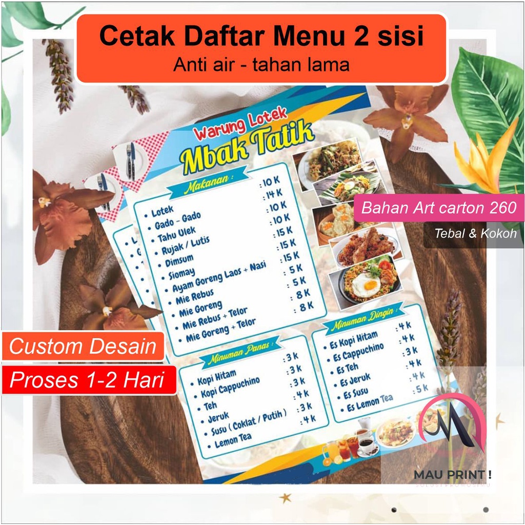 Jual Cetak Daftar Menu Custom Desain 2 Sisi Bebas Design Menu Makanan ...