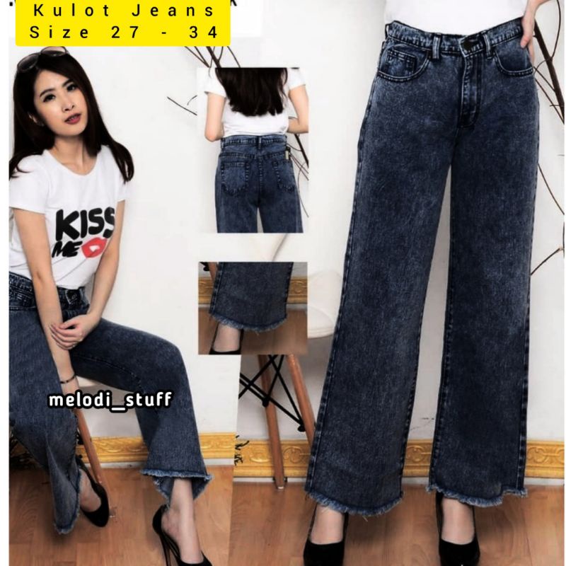 celana kulot wanita highwaist jean pinggang karet kulot rawis snow jean polos premium wanita terbaru