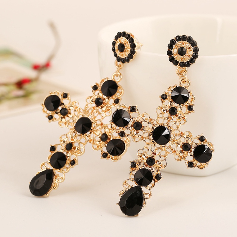 Hu Hu Hu Hu Hu Alat Bantu Pasang Kacamata♡ Anting Tusuk Gantung Wanita Desain Salib Hollow Hias Berlian Imitasi Gaya Boho Untuk Hadiah