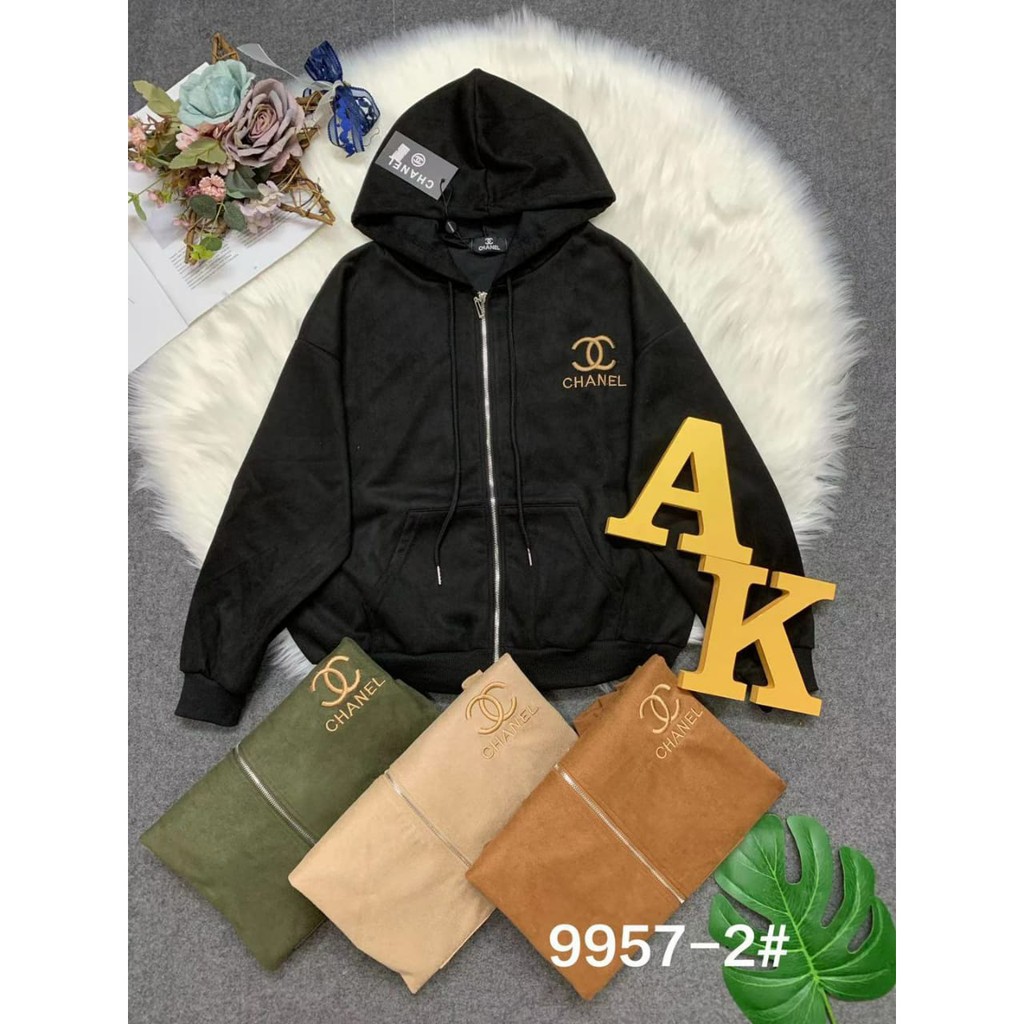 9957-2 Jaket Suede Hoodie Bordir Chanel