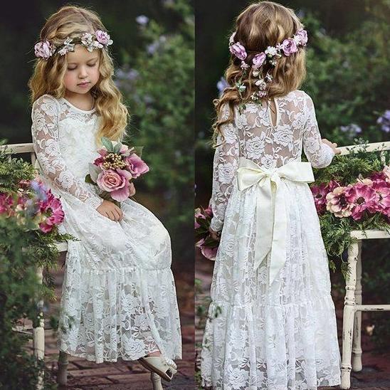 Girls Bohemian White Dress - Dress Brukat Anak - Ready Stock Termurah