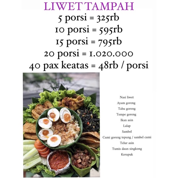 

liwet tampah komplit 15, 20, 30, 40, 50 porsi