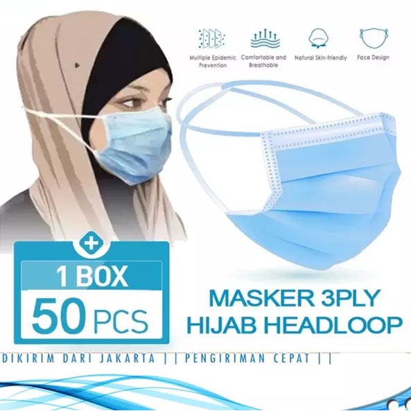 MASKER HIJAB 3 PLY MASKER EARLOOP 3PLY 1Box Isi 50pcS