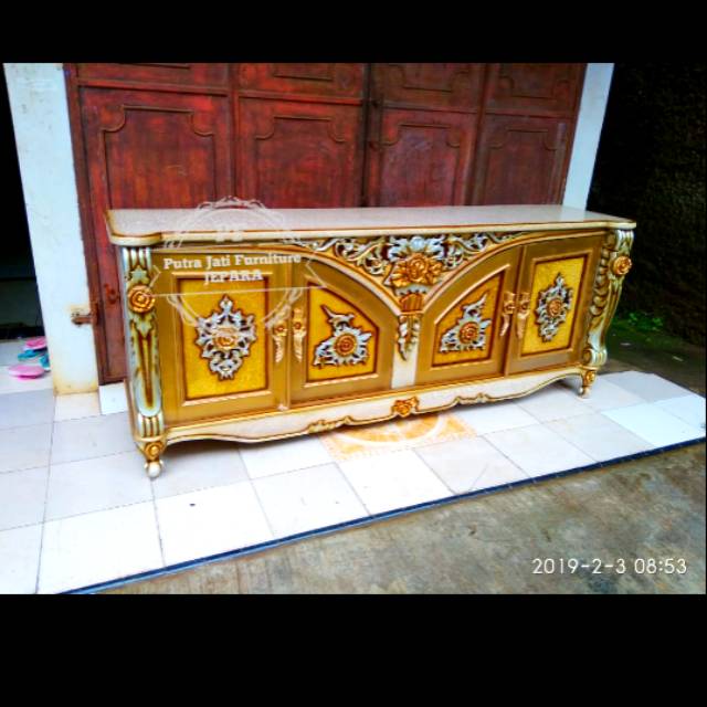 Bufet/ Meja Tv Ukir Kayu Jati Warna Full Marmer Emas