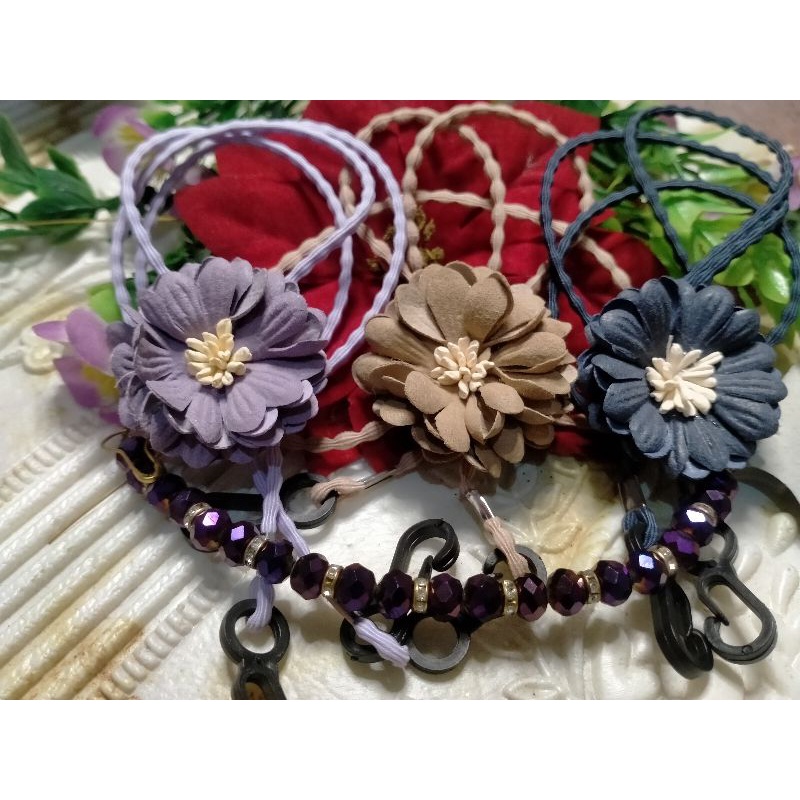 SETRAP TALI BOBA  TALI MASKER 2 IN KONEKTOR MUTIARA DAN KRISTAL VARIASI BUNGA