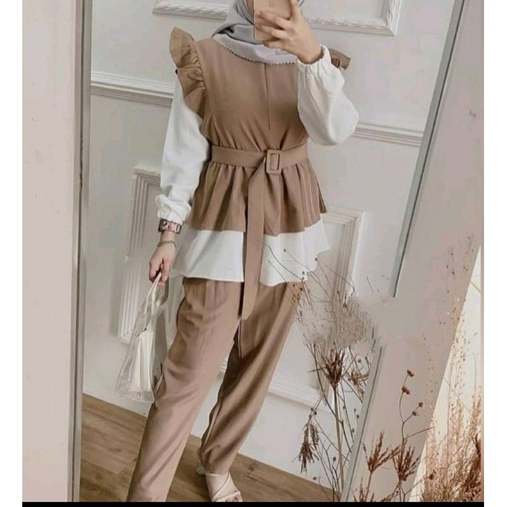 ONE SET JUMBO XXL - STANDART L / XL - ONE SET NIKEN SET / SETELAN WANITA ONE SET DAILY SET TUNIK  FASHION WANITA-MALIKA MOCA XXL