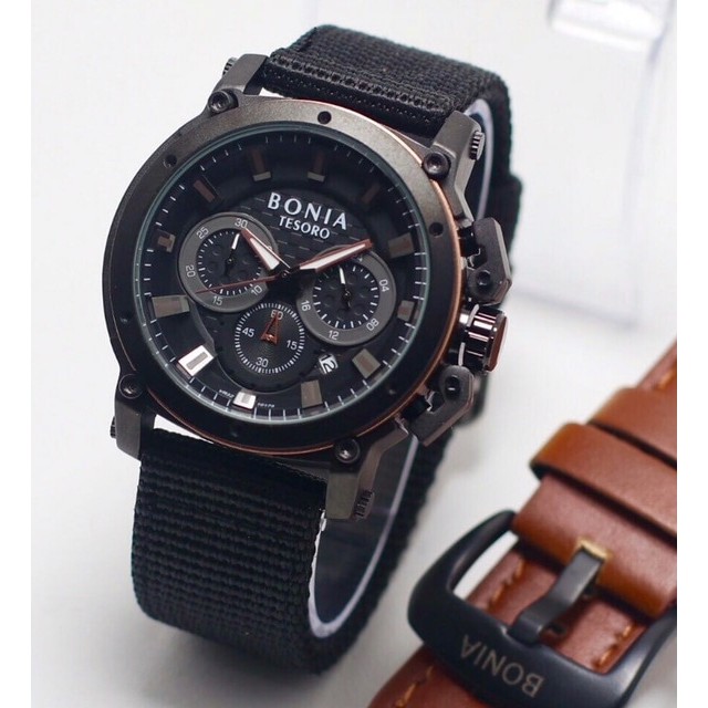 Jam Tangan Pria / Cowok Murah Bonia Chrono Kanvas Black Brown