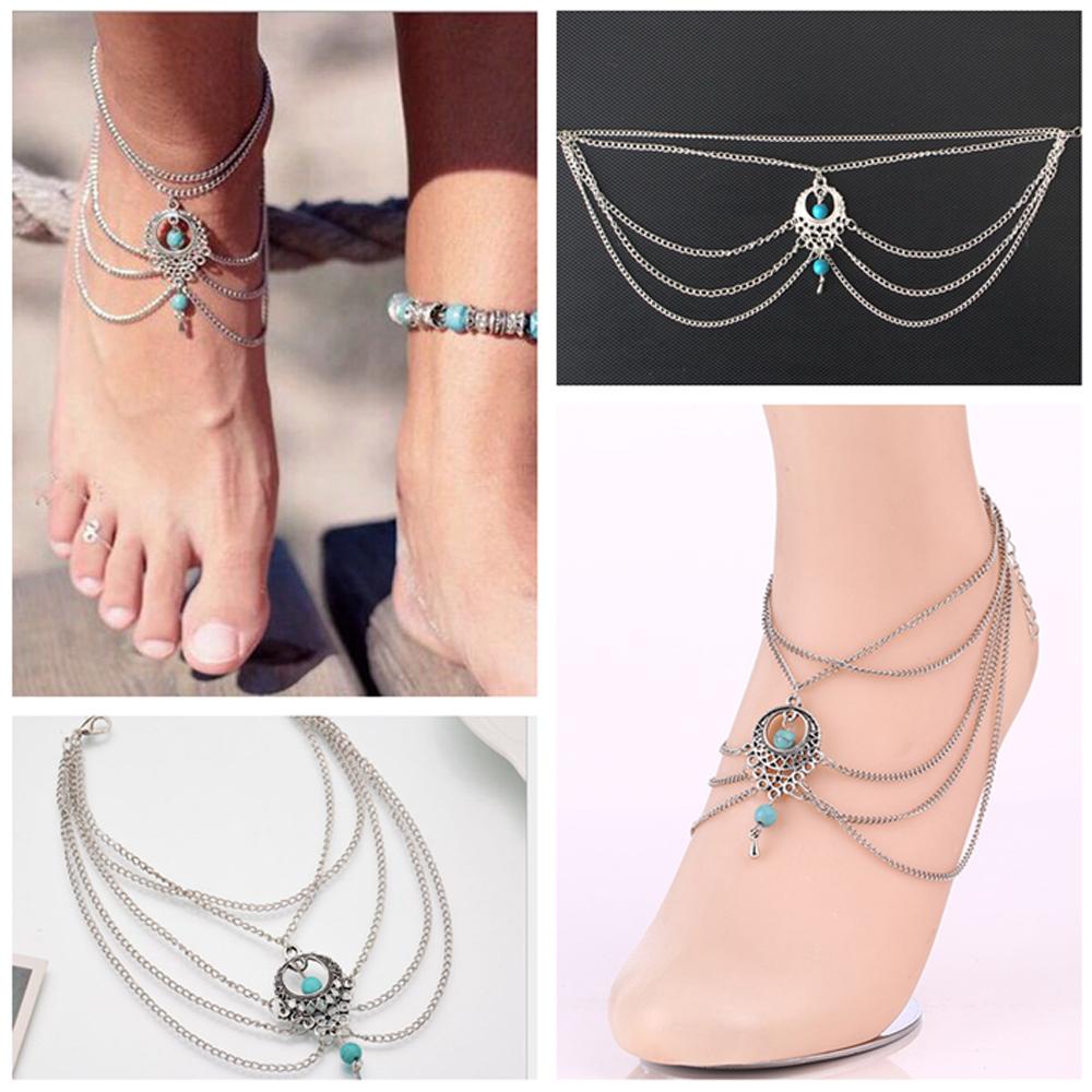 Preva Gelang Kaki Perhiasan Aksesoris Bohemia Gaya Pantai Rantai Tipis Rantai Tebal Rantai Drop Multi-Lapis Memakai Liontin Pirus Turquoise Kaki Perak