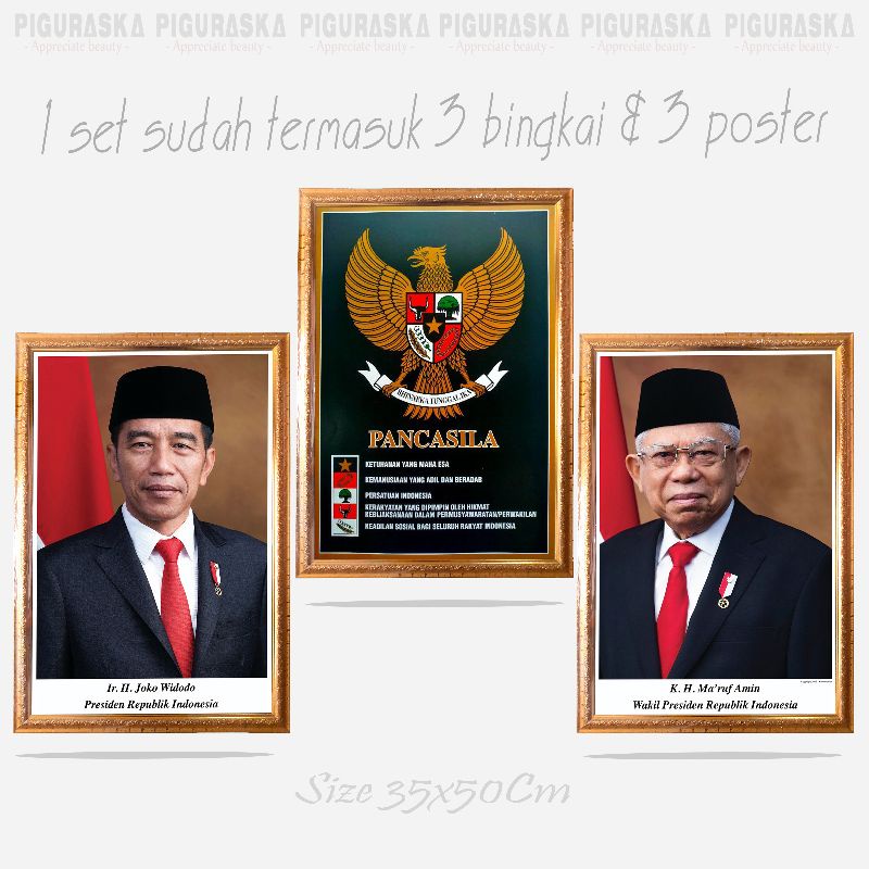 1 Set Presiden Wapres dan Burung Garuda Pancasila Plus Bingkai Free Packing Kayu / Pigura 35x50Cm
